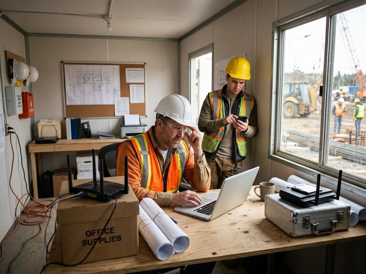 Supervisor troubleshoots a laptop connection while a colleague checks a phone nearby