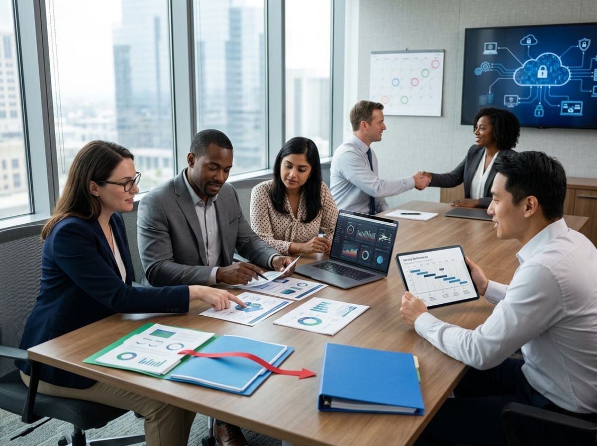 Attorneys compare old and new service level agreements spread across a conference table