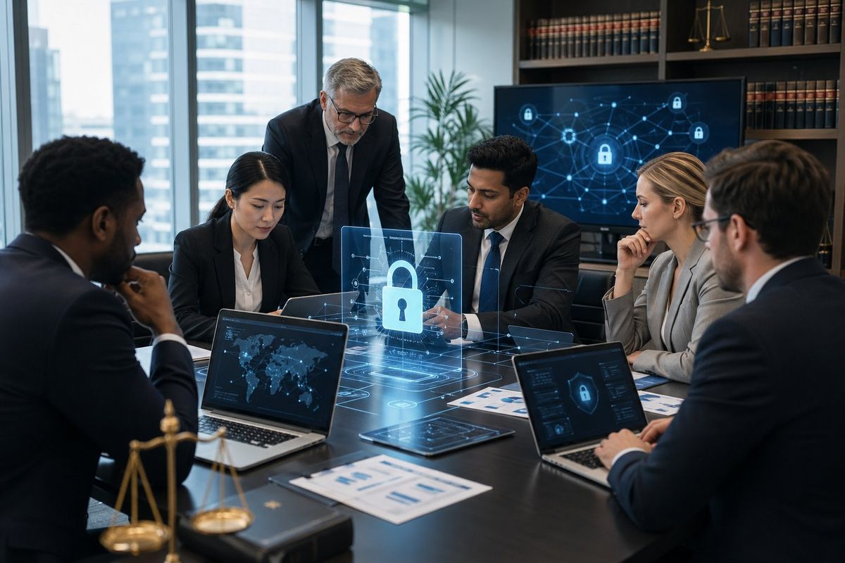 A group of professionals working together in a law firm office with laptops and digital devices, focusing on cybersecurity and IT strategy.