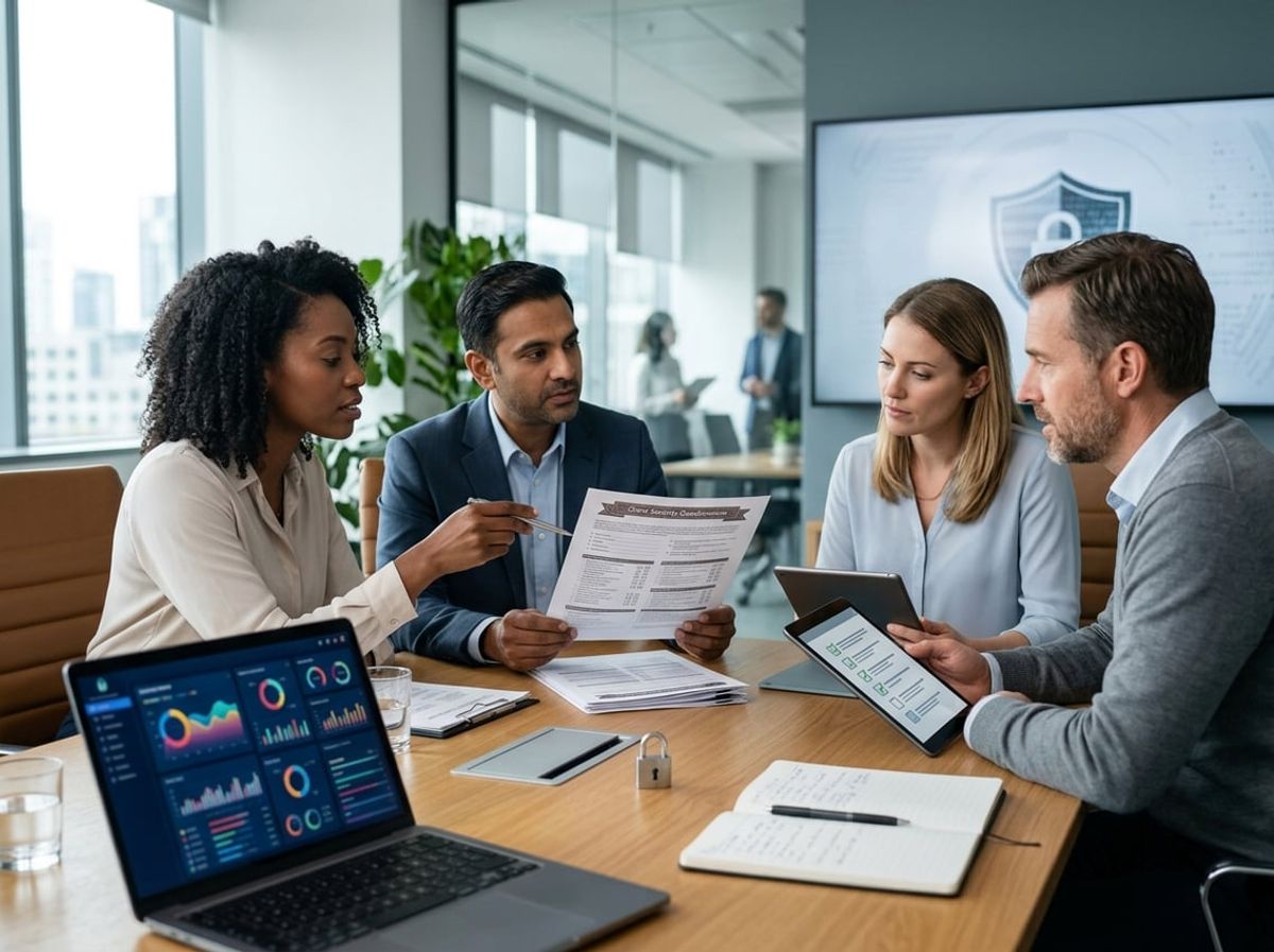 Attorneys gather around a table discussing common questions about client security assessments