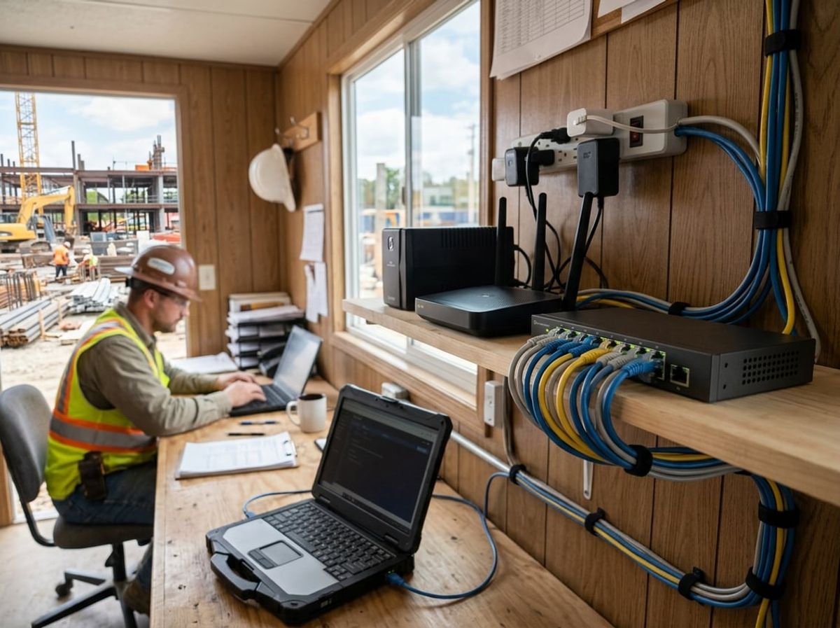 Business-grade router and network switch wired together on a shelf inside a trailer