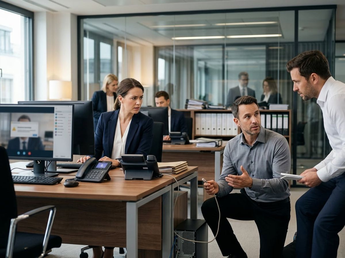 An attorney and technician troubleshoot a malfunctioning computer during a busy workday