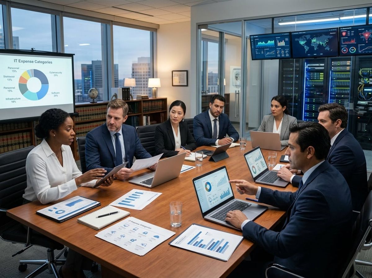 A group of professionals in a law office collaborating around a table with laptops and charts related to IT costs.