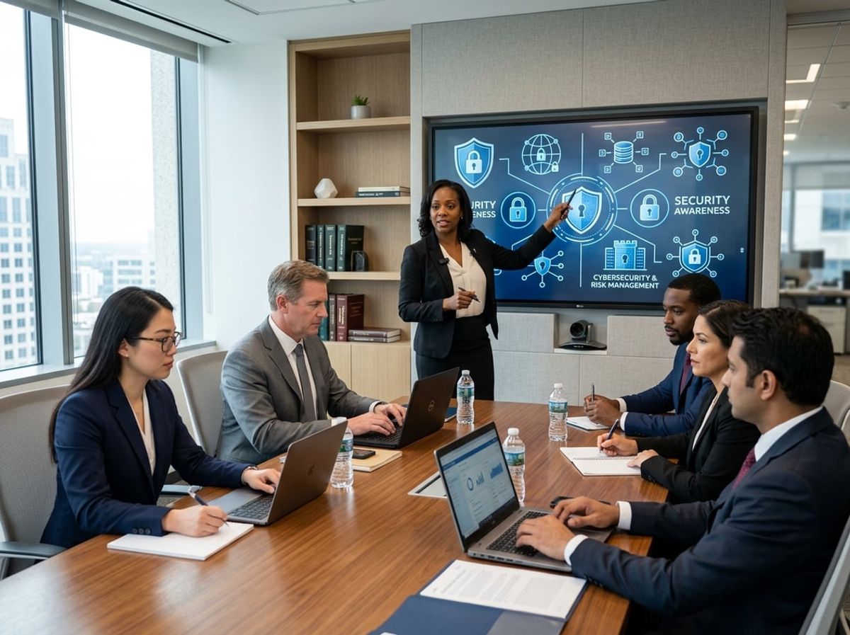 Law firm compliance officer explaining phishing risks to attorneys using a wall screen