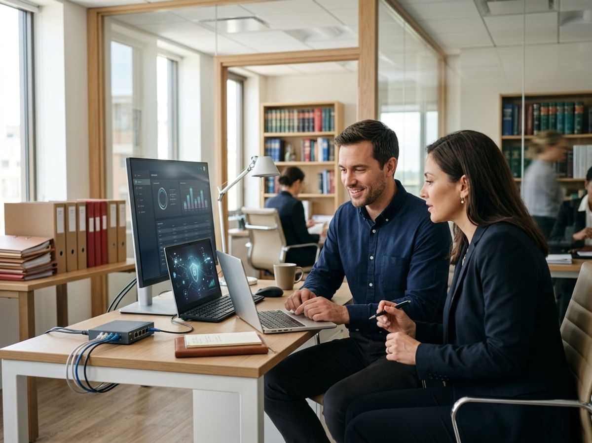 IT professional assists an attorney with daily technology tasks at a law office desk