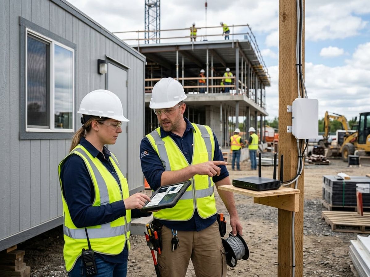Site manager and a connectivity technician go over router settings at the job site