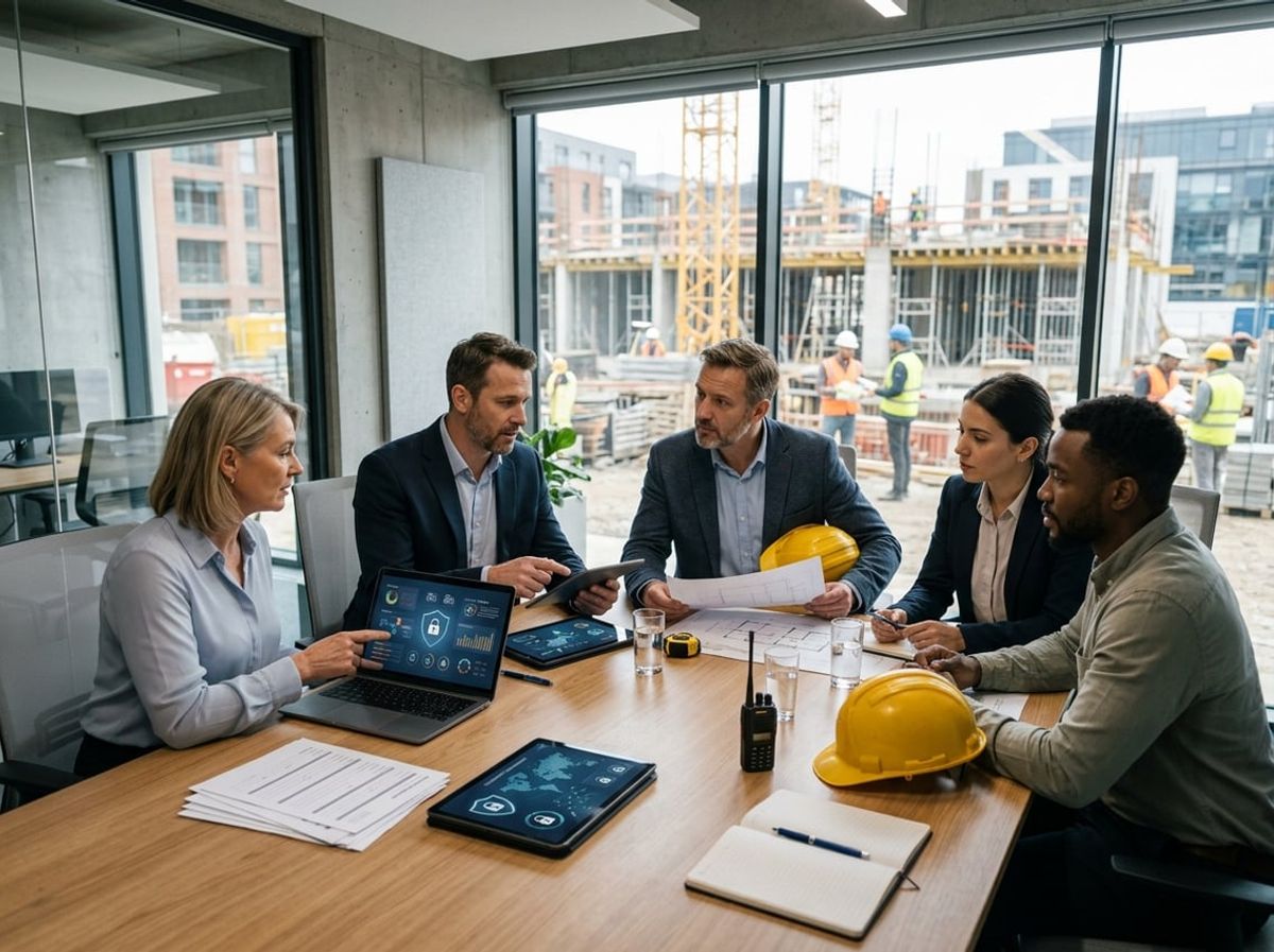 Architect and engineer review large design files on a monitor beside a construction rendering