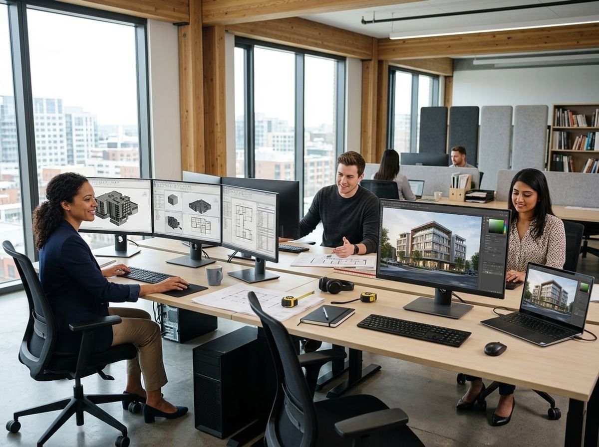 Two AEC professionals comparing Revit project models across separate workstation setups in an office