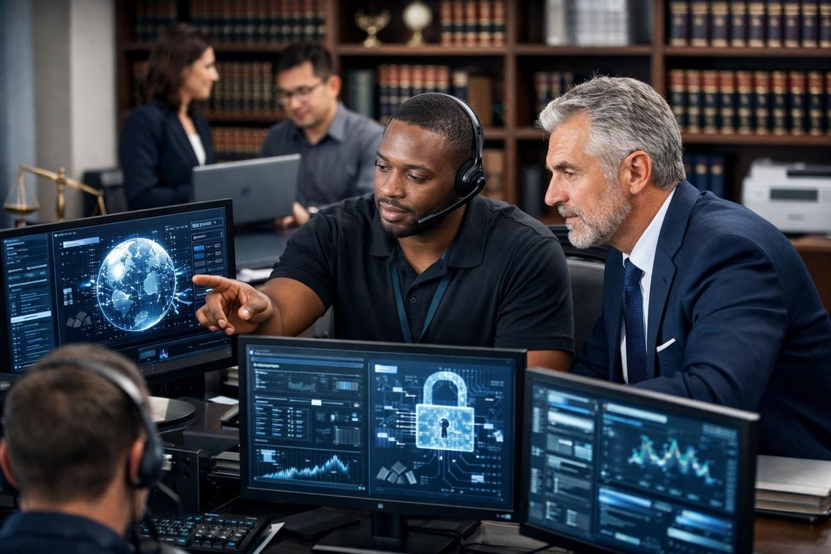 IT specialists collaborating with lawyers in a modern law firm office with computers and legal books.