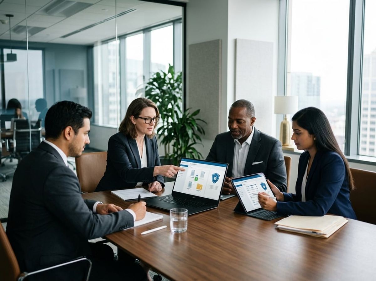 Attorneys and clients reviewing shared case documents together on tablets in a conference room