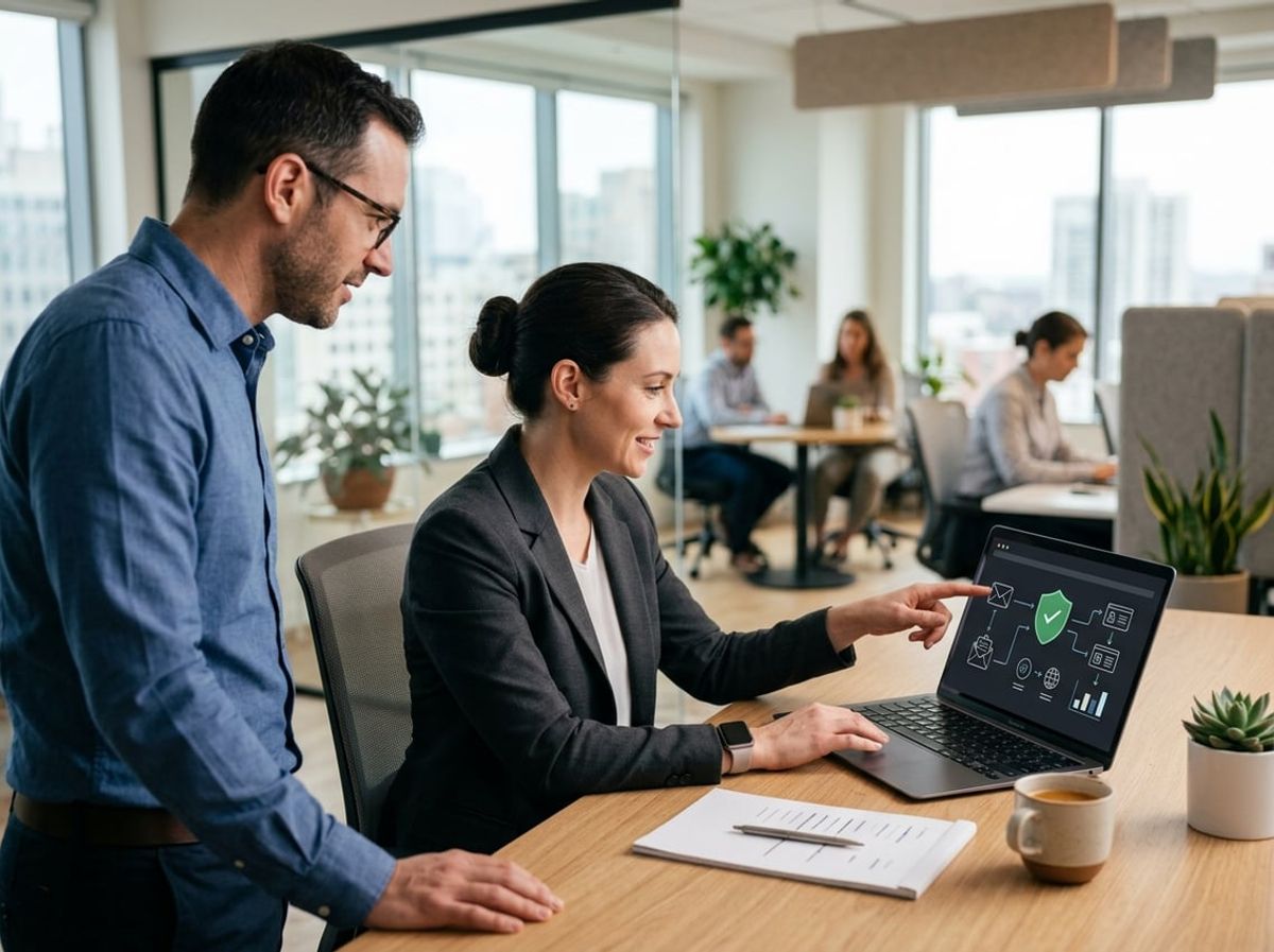 IT professional answering questions about email security while a colleague reviews the screen