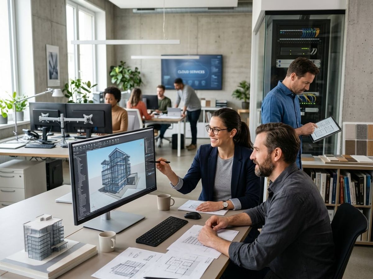 Architect stares at scattered devices and unrolled plans representing a disorganized software stack
