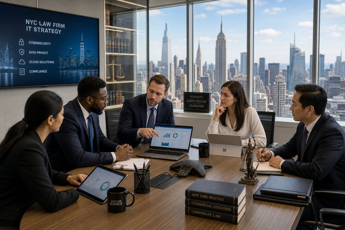 IT consultants and lawyers working together in a modern office with a view of the New York City skyline.