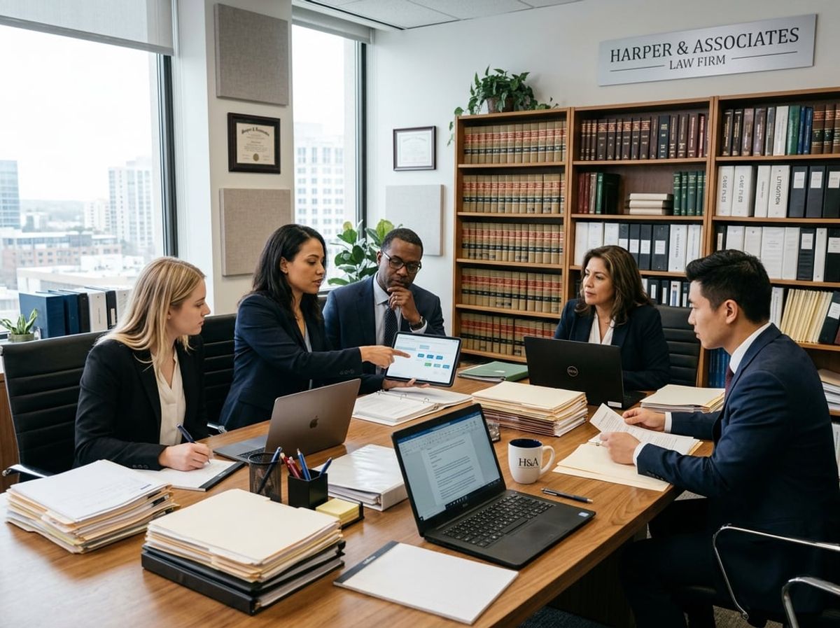 A group of legal professionals working together around a table with documents and laptops in a law office.