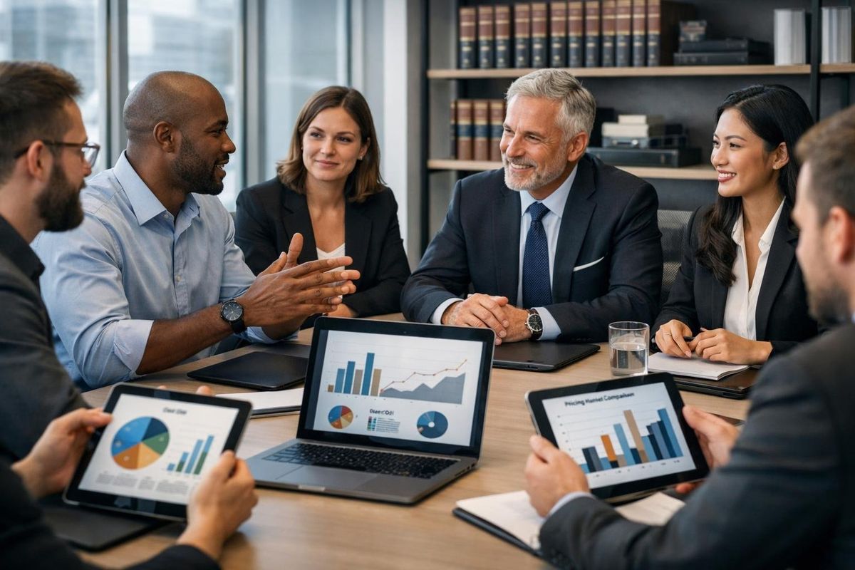 Business professionals discussing financial charts and technology in a modern office.