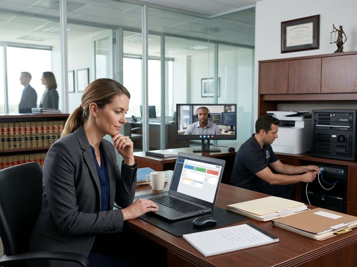 Attorney weighing IT support options with a technician near law office equipment
