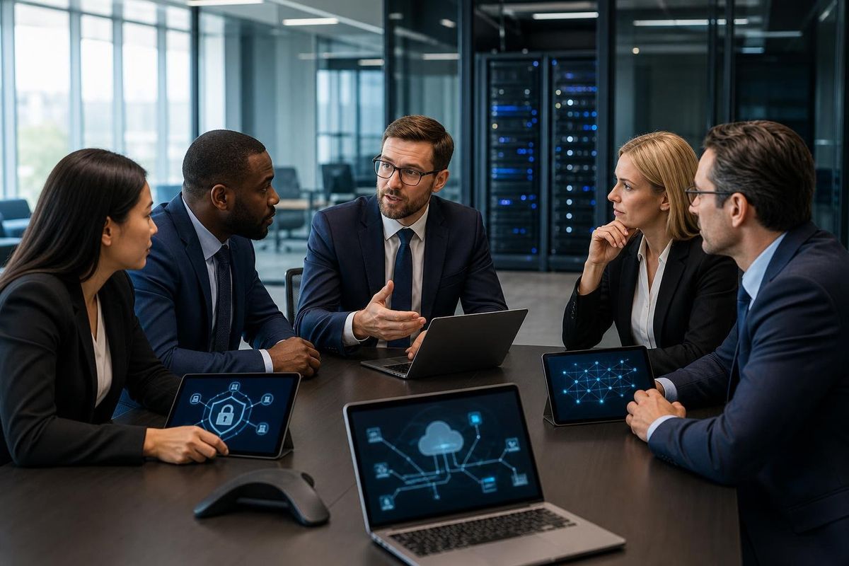 A group of professionals in a law firm office discussing IT solutions around a conference table with laptops and digital devices.