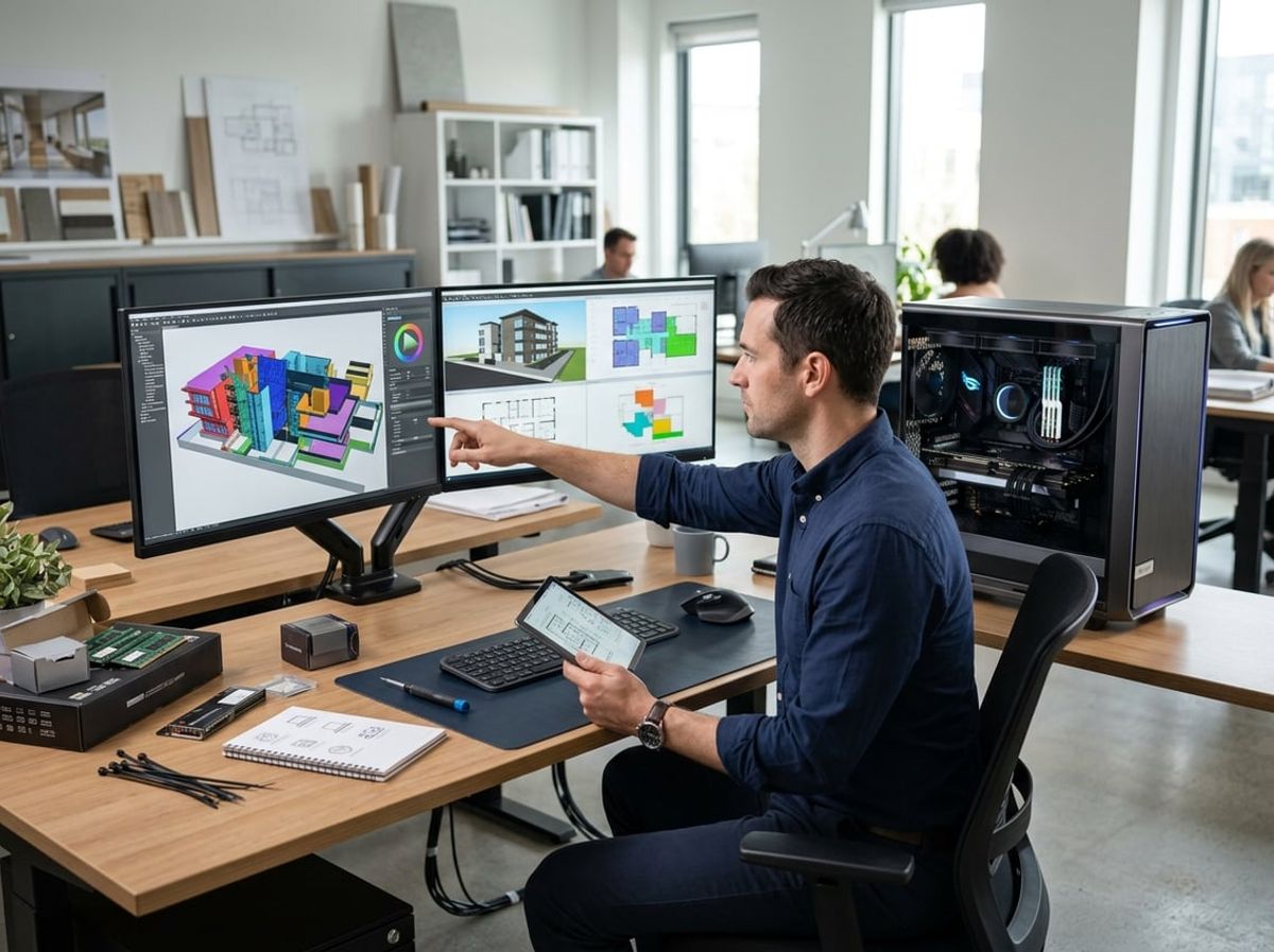 IT technician assembling and configuring a workstation intended for demanding Revit hardware requirements