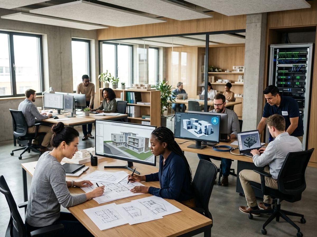 IT technician supports architects working on digital plans and design models in a busy studio