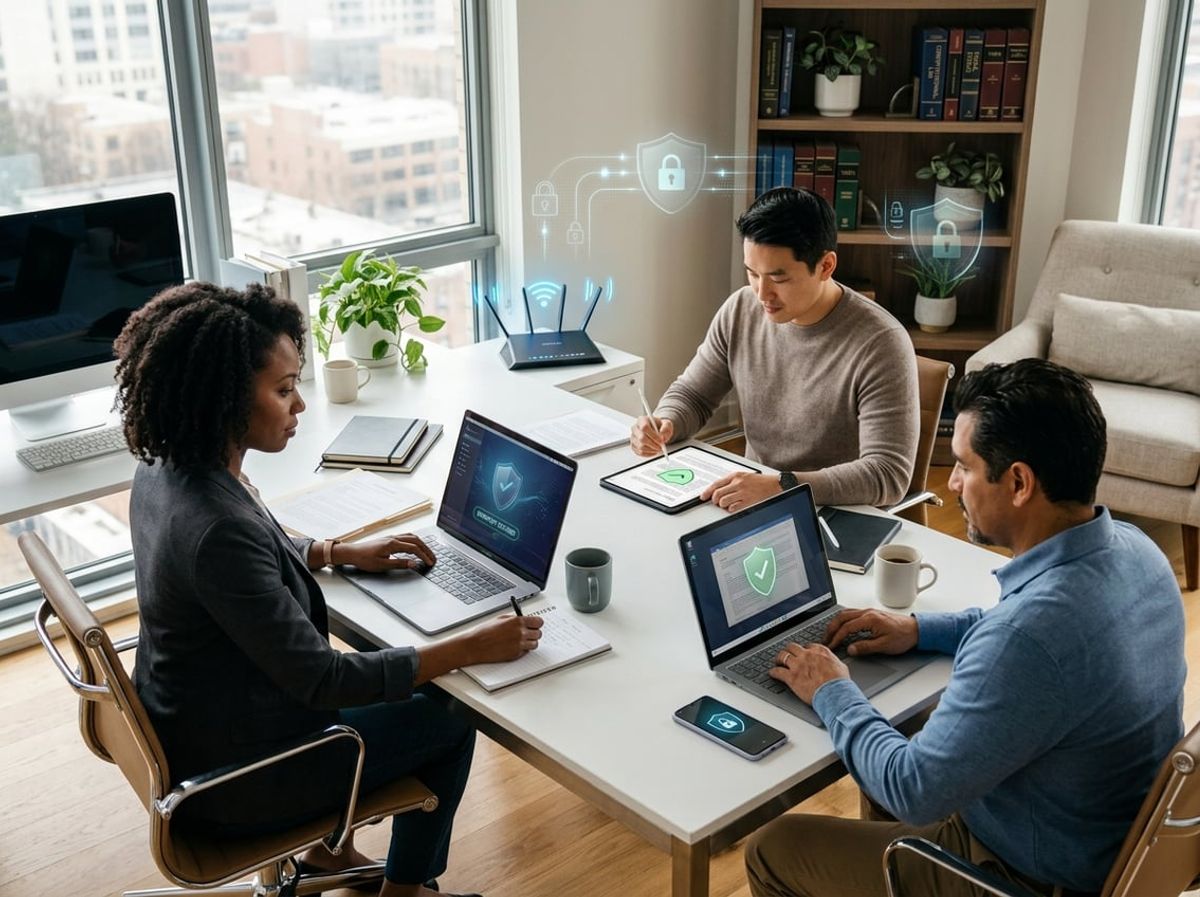 Attorneys and staff using laptops and tablets with visible cybersecurity monitoring icons