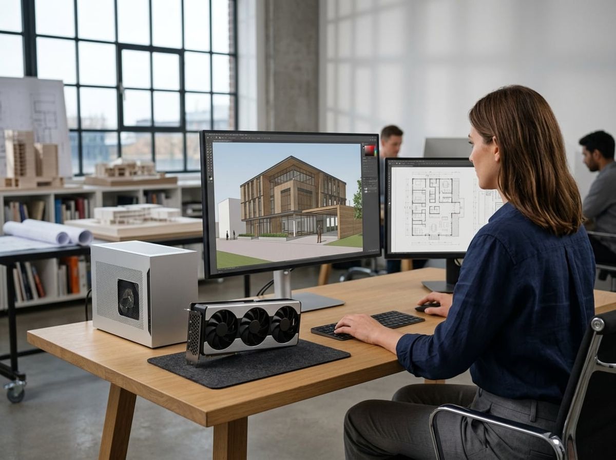 Architect using a workstation with a 3D building model on screen beside computer graphics hardware.