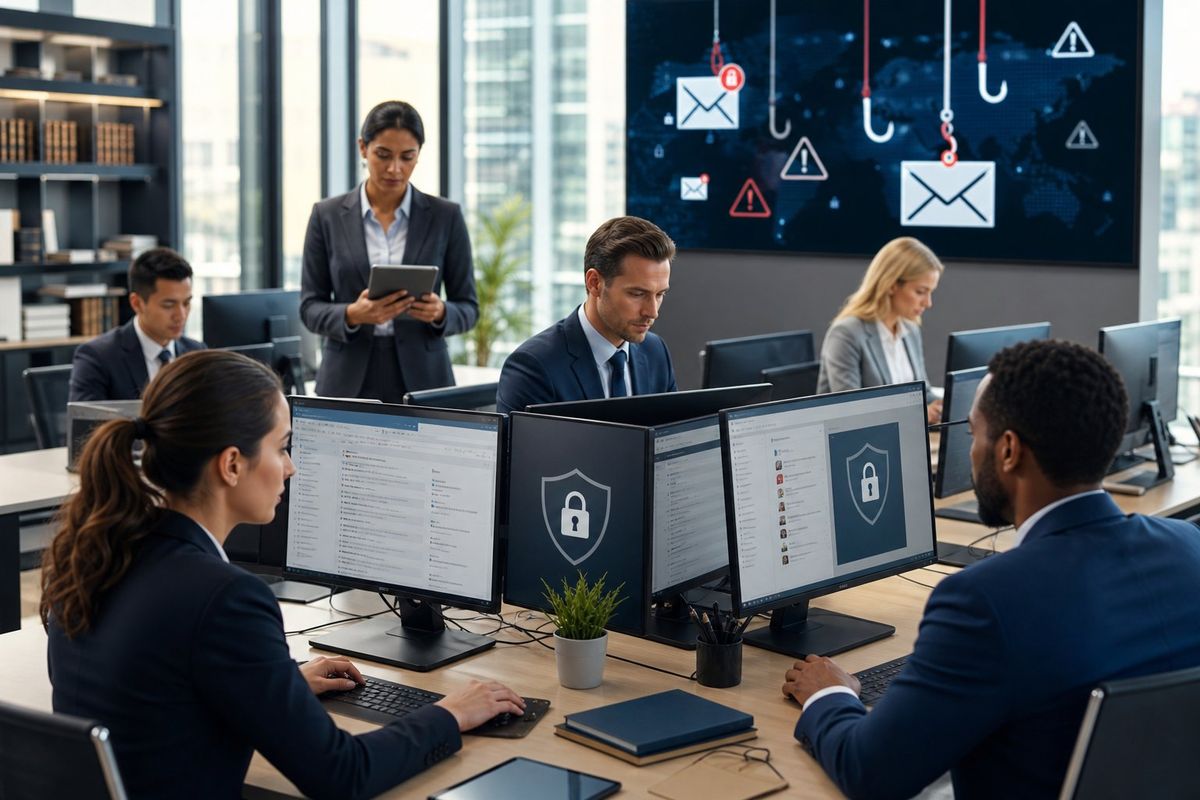 Legal professionals working at computers in a modern office with digital security graphics displayed on a screen.