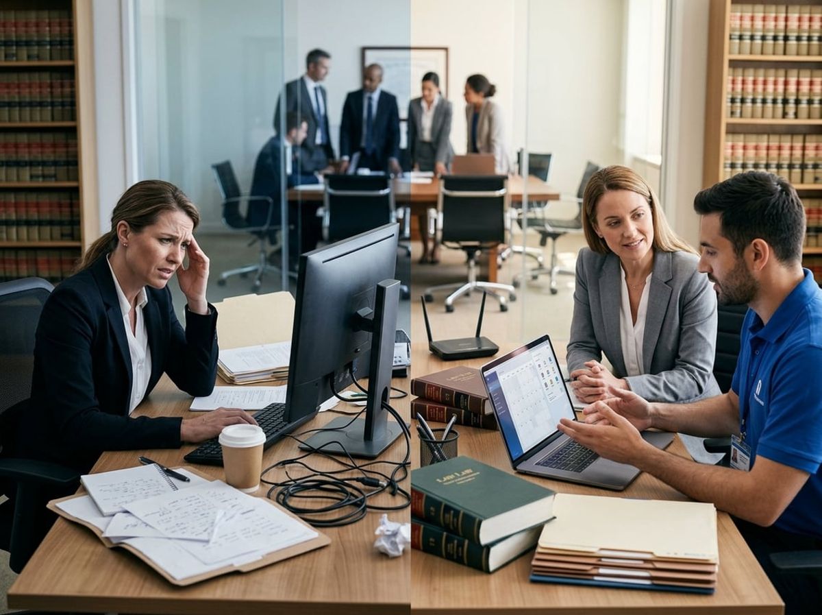 Split scene contrasting a chaotic computer breakdown with a calm managed IT consultation