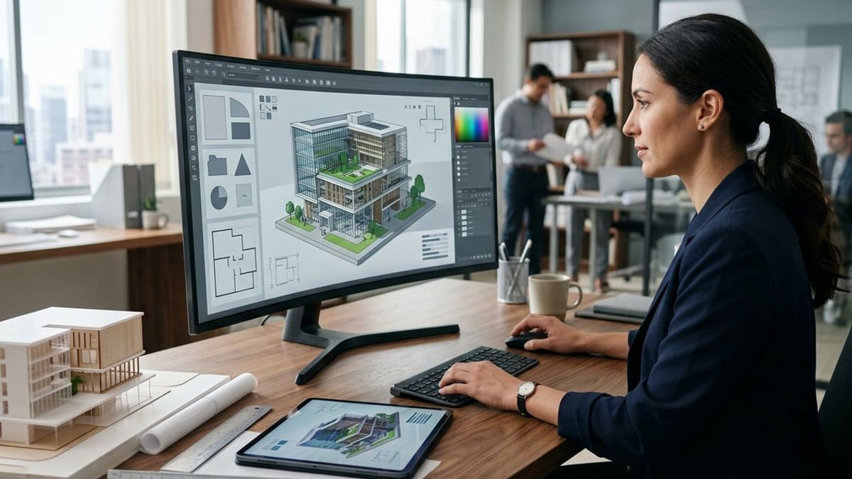 Design team reviewing drawings on screen while discussing architecture firm software choices in a studio