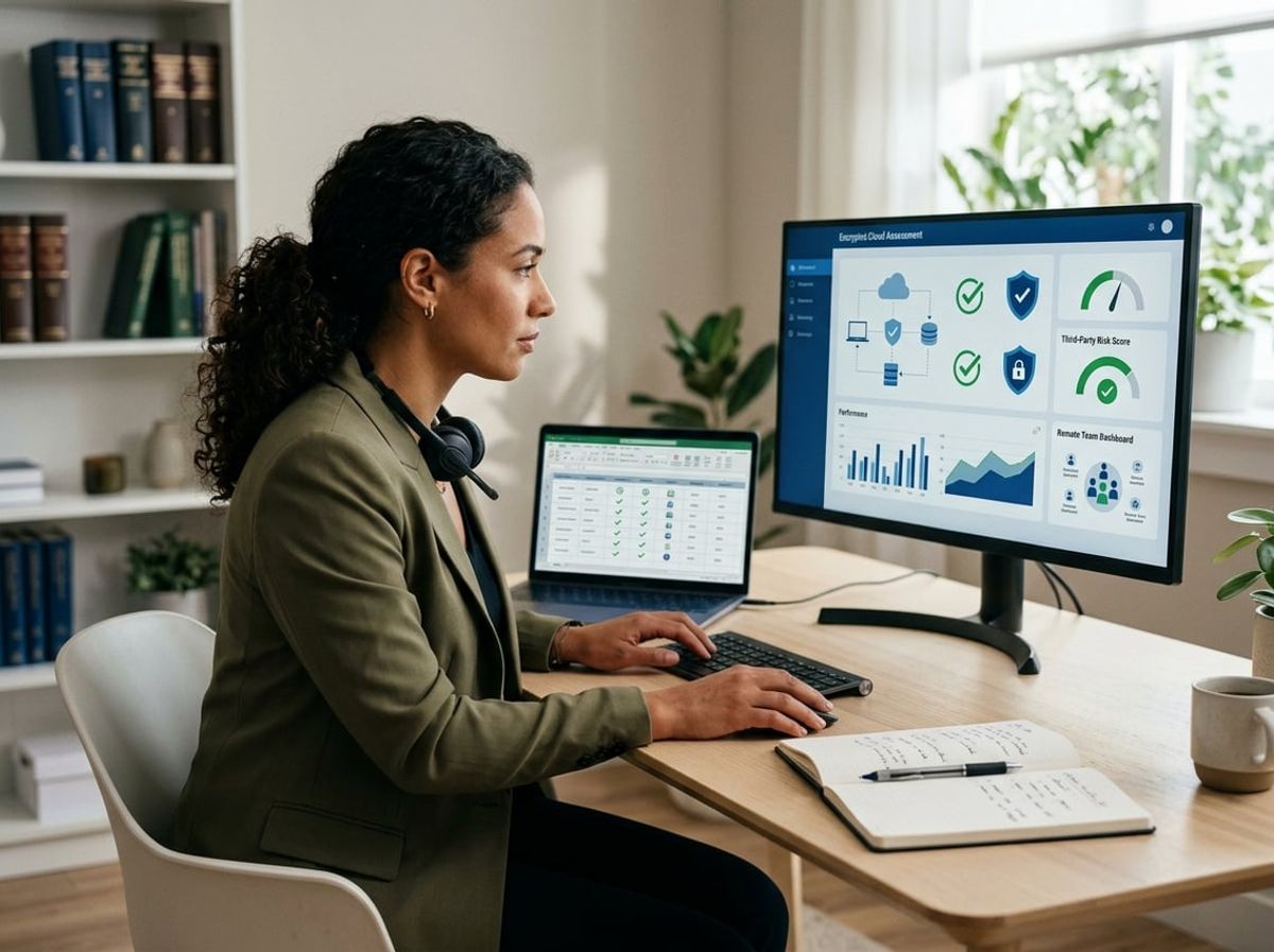 Attorney comparing cloud provider security certificates and vendor agreements on a laptop screen