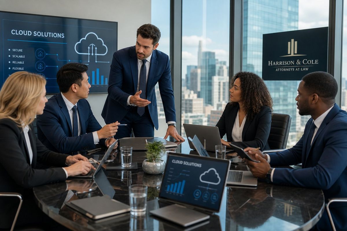 Business professionals in a law firm conference room collaborating with digital devices displaying cloud computing visuals.