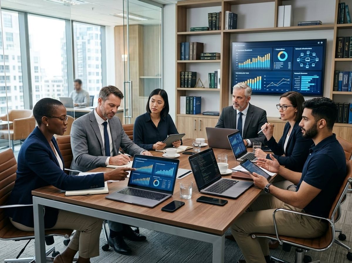 A group of professionals in a law firm office collaborating around a table with laptops and digital devices, reviewing IT-related charts on screens.