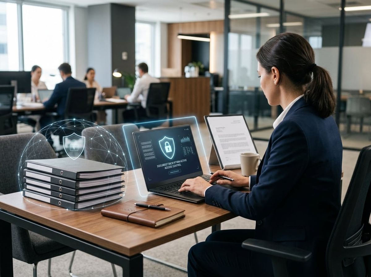 Attorney reviewing client files near a laptop with data loss prevention alerts visible