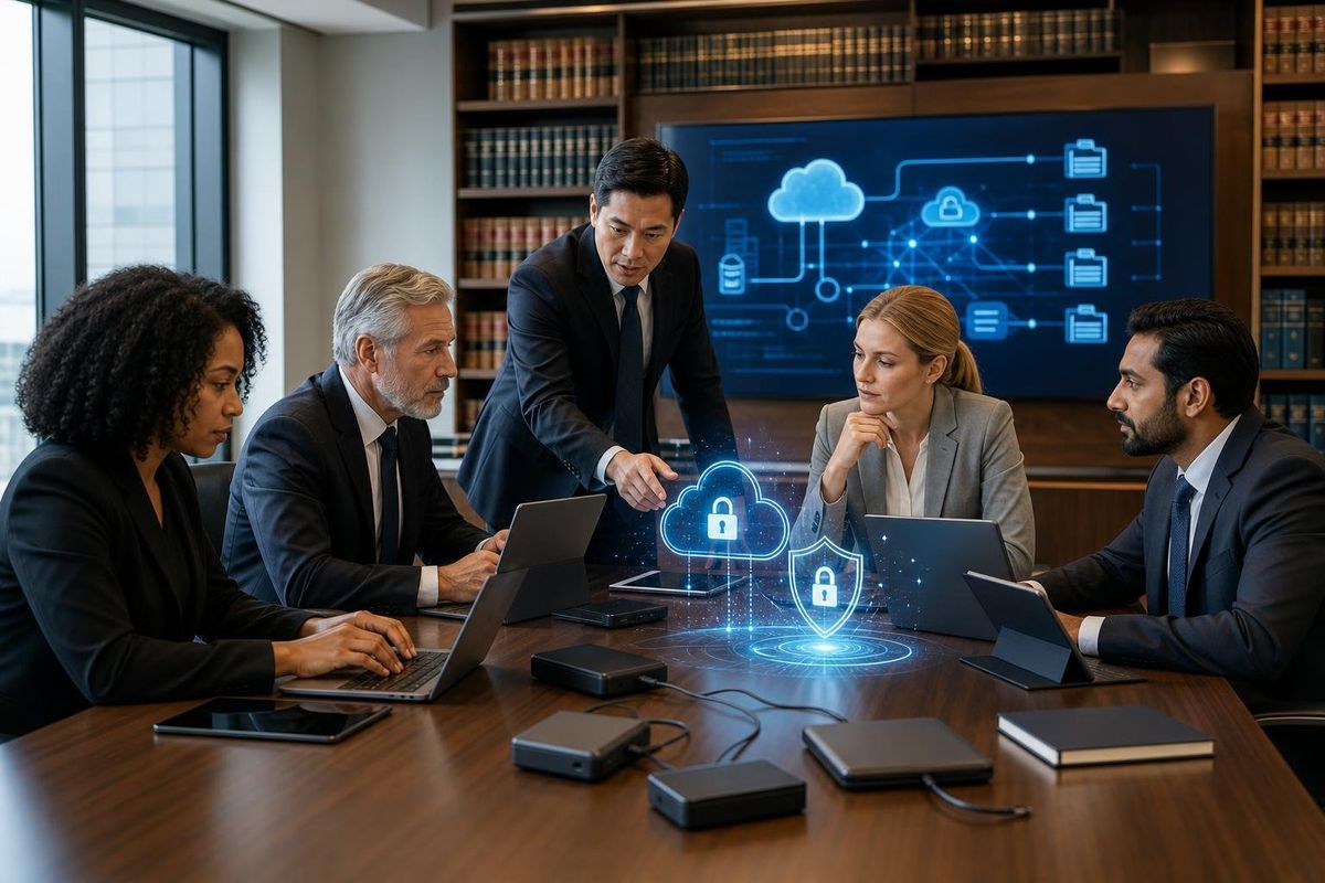 Lawyers and IT professionals working together in a law firm office with laptops and digital devices, discussing data backup and security.