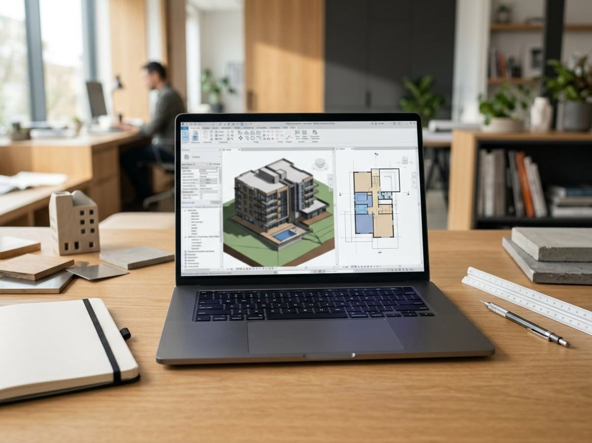 Laptop screen showing a softly blurred 3D model at a clean workstation setup