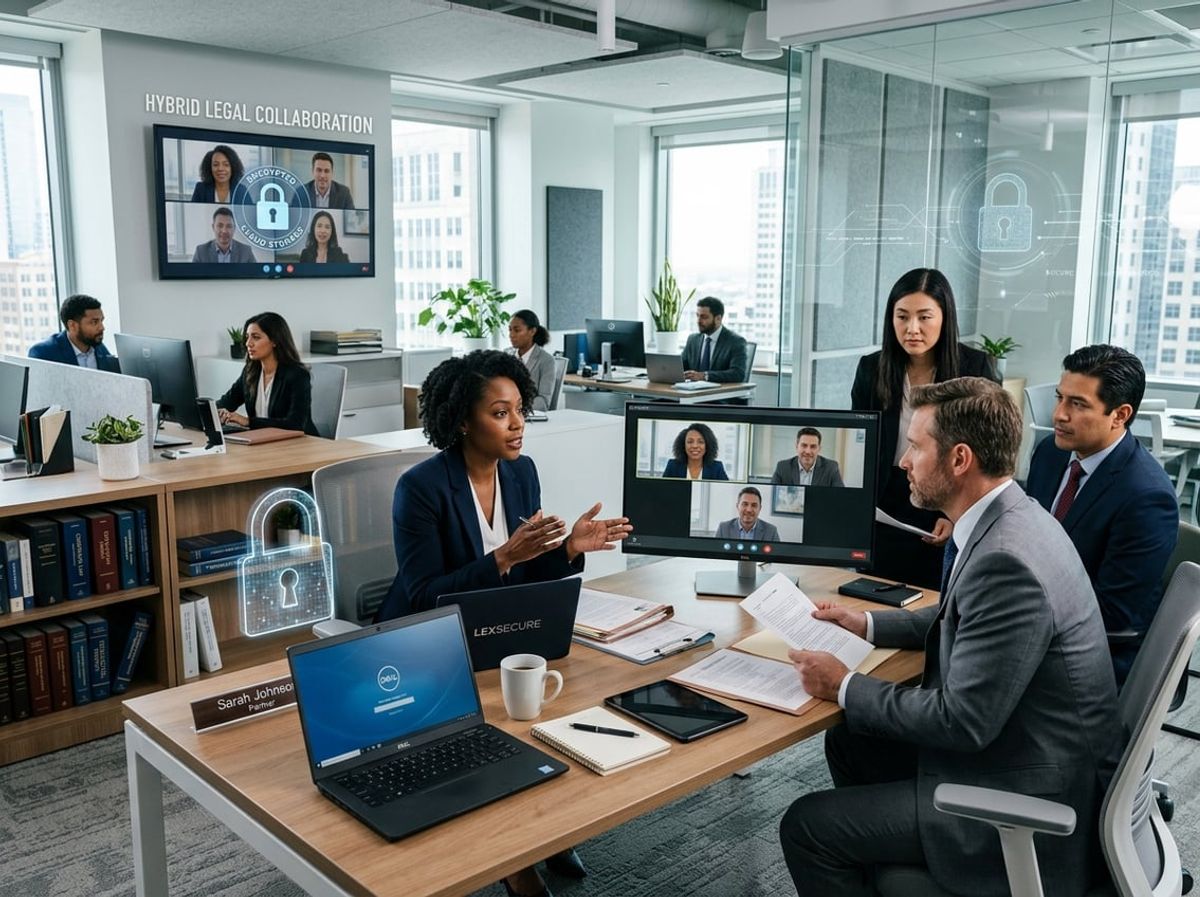 Legal team monitoring video conference screens showing cybersecurity incident response data