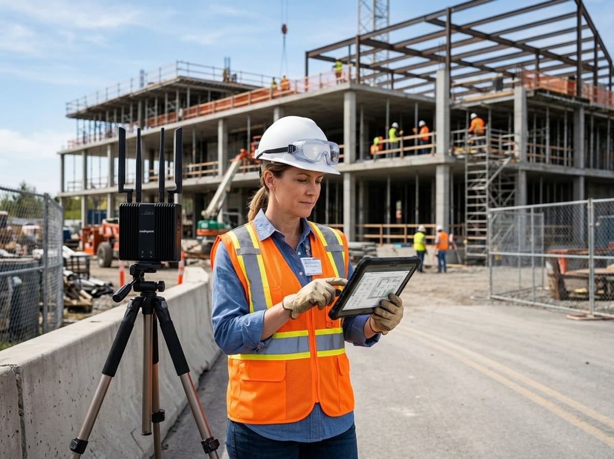 Construction supervisor holds a tablet while standing near an active building site