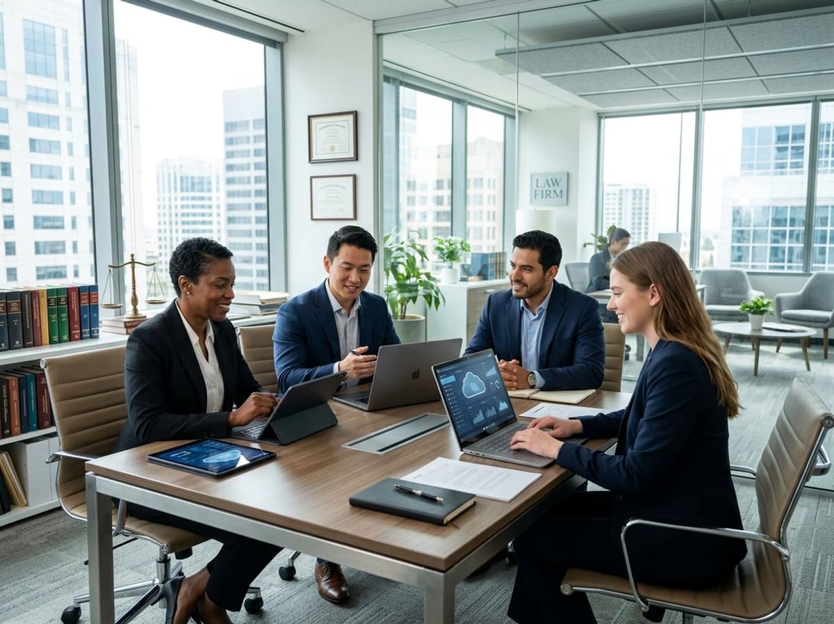 Lawyers reviewing frequently asked questions about secure remote access surrounded by legal reference books