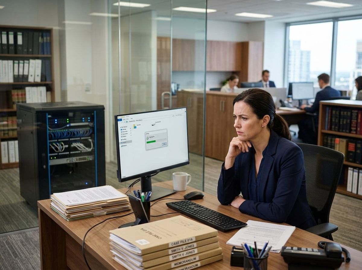 Server cabinet beside a legal workstation showing signs of aging network hardware