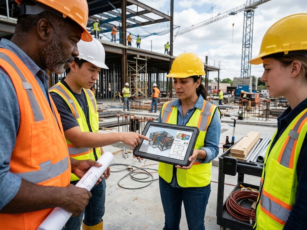 Field crew reviews marked-up drawings on a tablet near an active building area