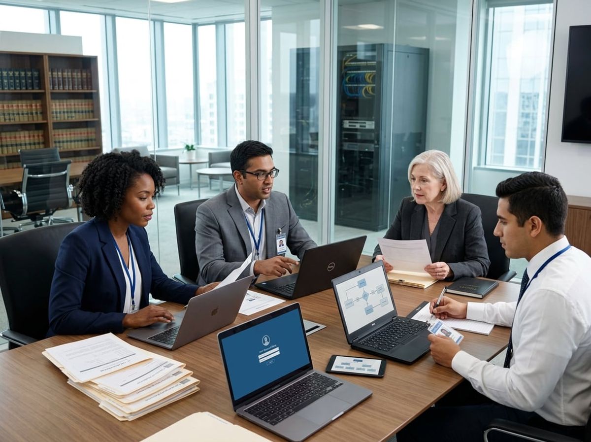 IT technician handing over a laptop and access badge to a new law firm hire