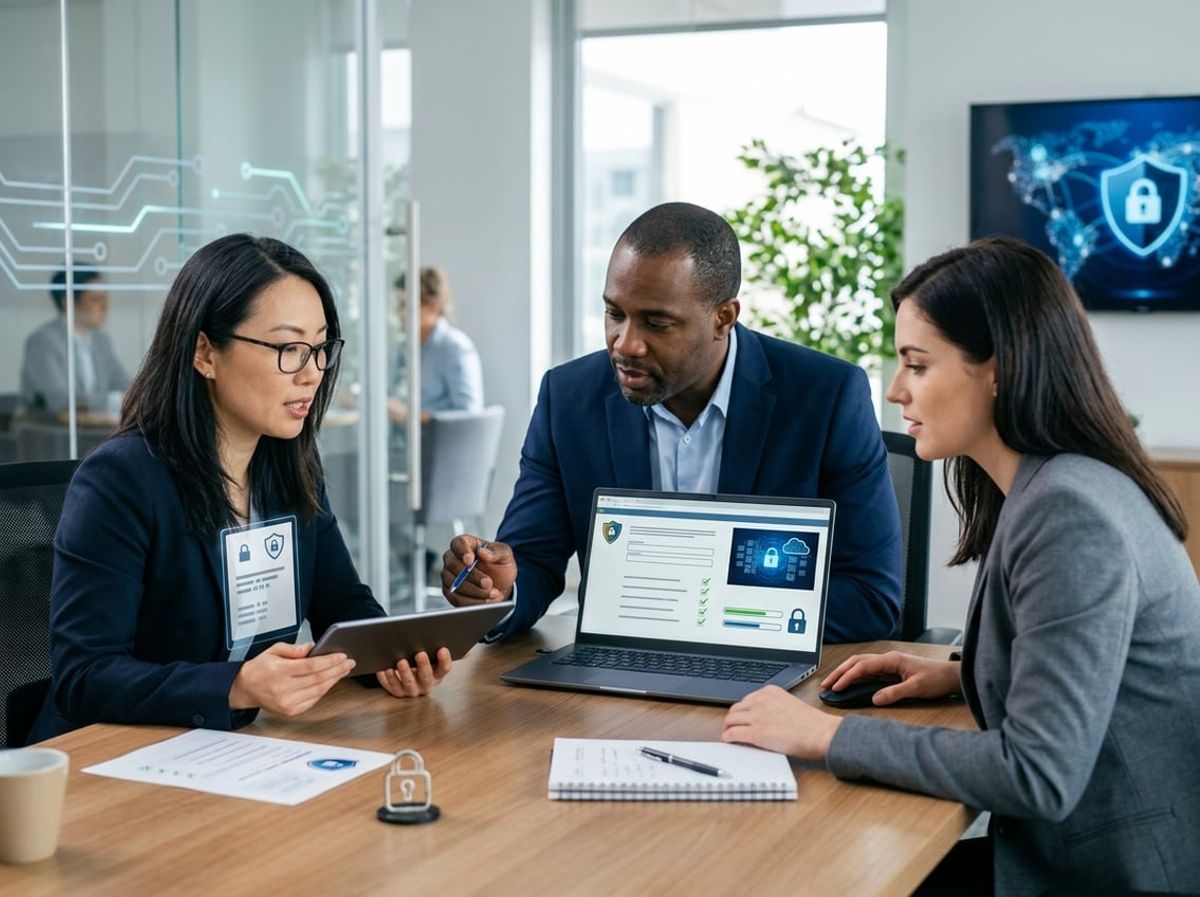 IT professionals review encrypted data icons and network protection symbols on a screen