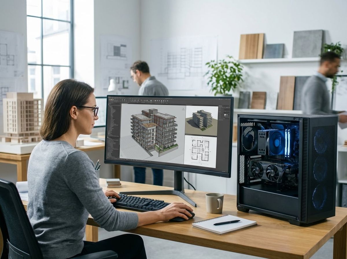 Workstation tower beside a monitor displaying a complex model with many linked disciplines