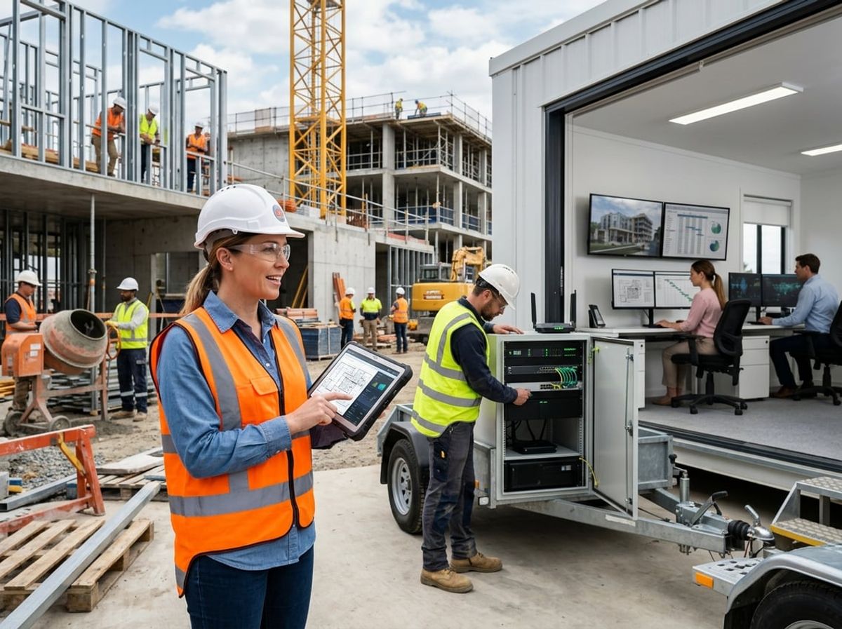 Field crew members check a tablet near networking gear while office staff work in background