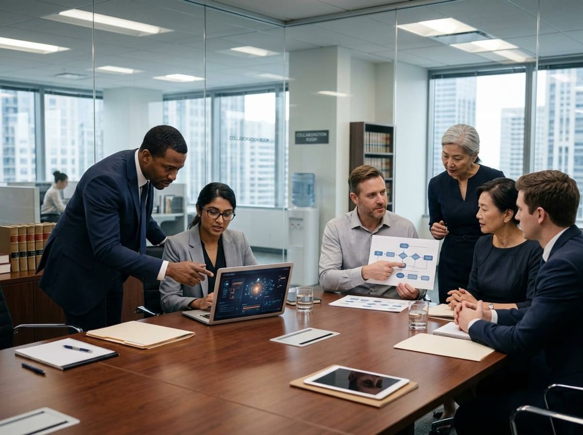 Attorneys sit with a consultant explaining data security risks in a busy law office