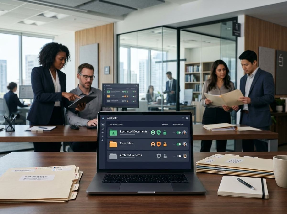 Attorneys and paralegals reviewing permission levels for confidential case files on screen