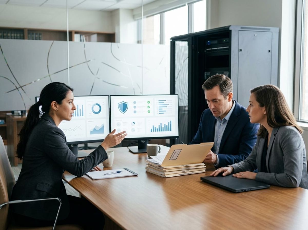 Legal team and IT consultant examine compliance documentation on a secure office screen