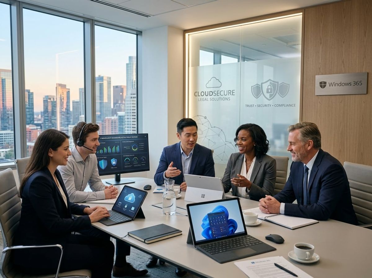 Law firm staff discussing client confidentiality safeguards while reviewing cloud security icons on screens