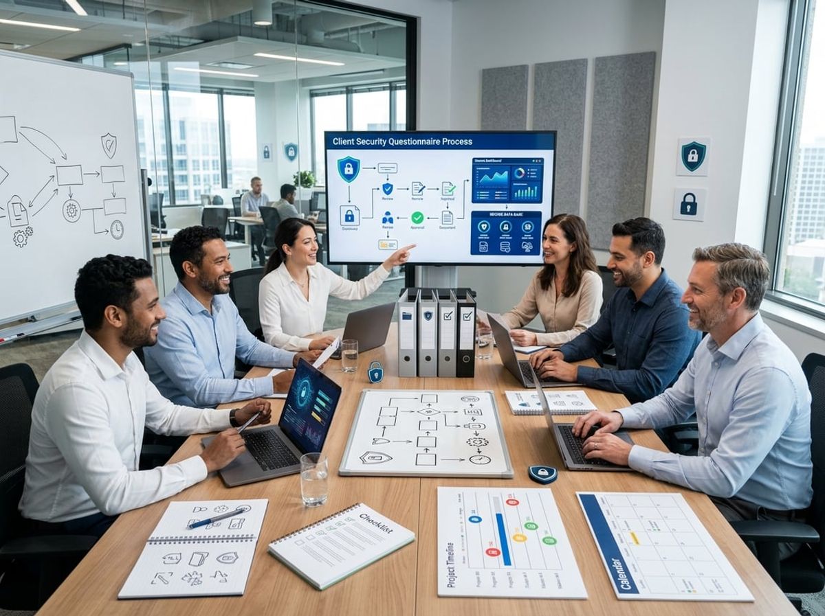 Office team builds a standardized workflow using laptops and shared compliance tracking materials