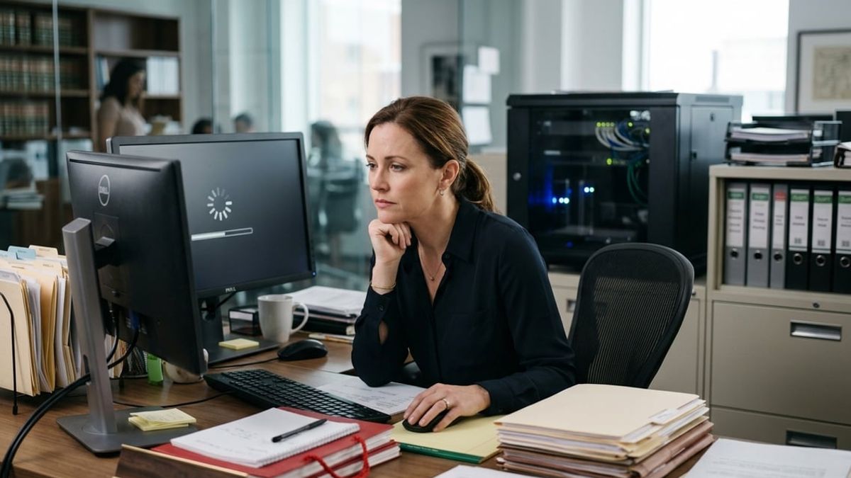 Law firm partners reviewing slow law firm file server issues in a NYC office