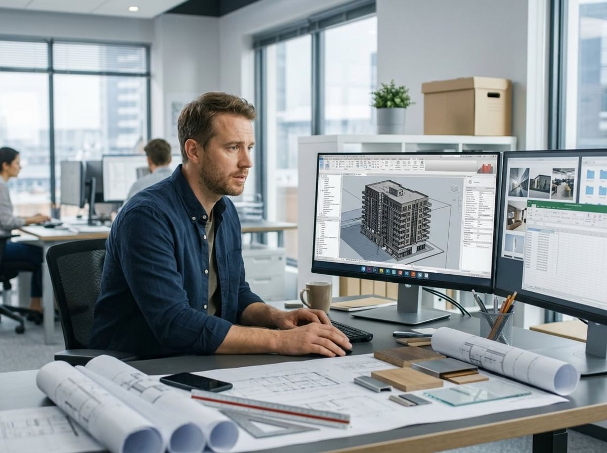 Architect studies a large central model on dual monitors amid drawings in a busy studio